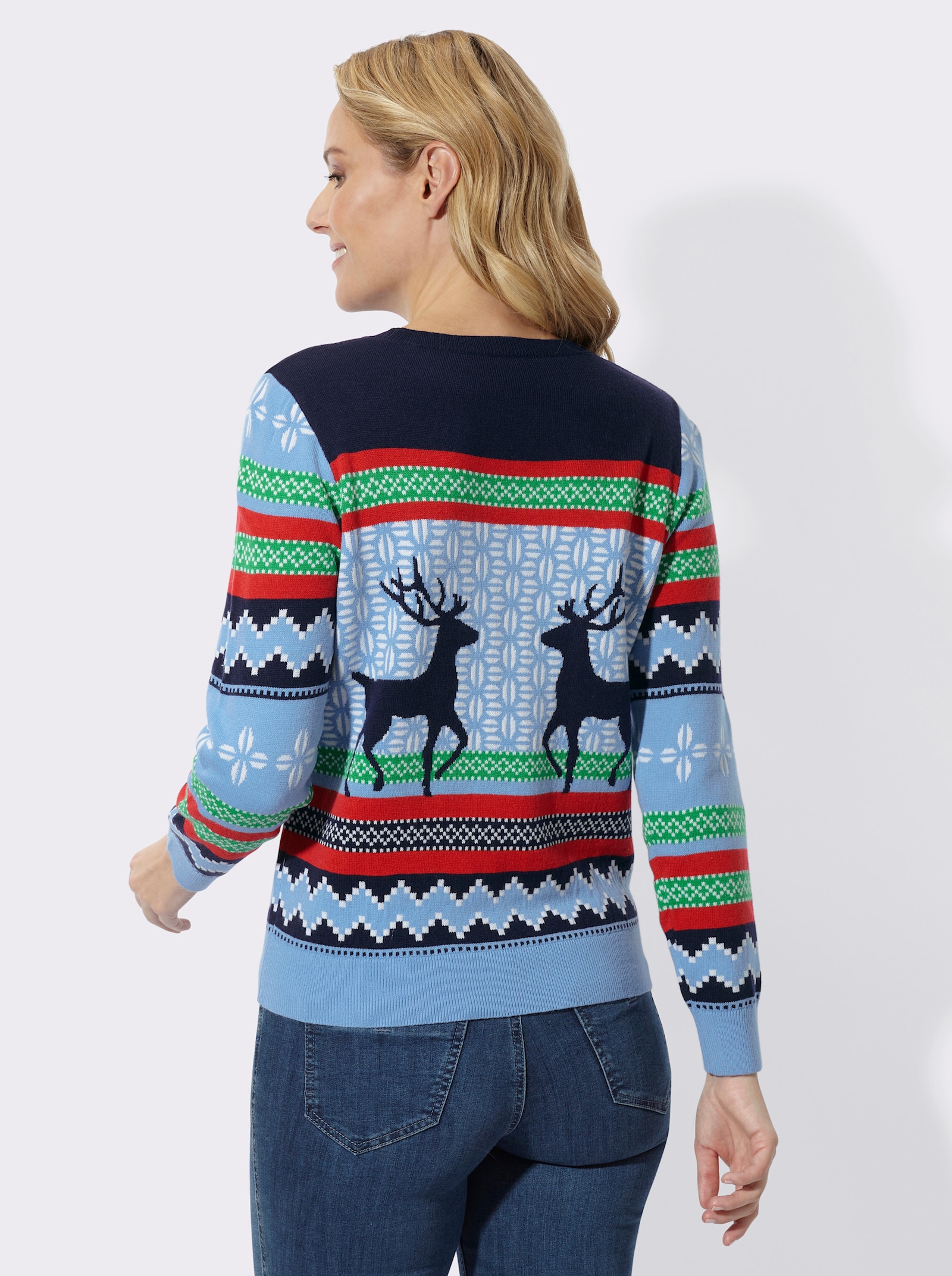 Norwegerpullover mit gerippten Bündchen - marine-himmelblau-gemustert