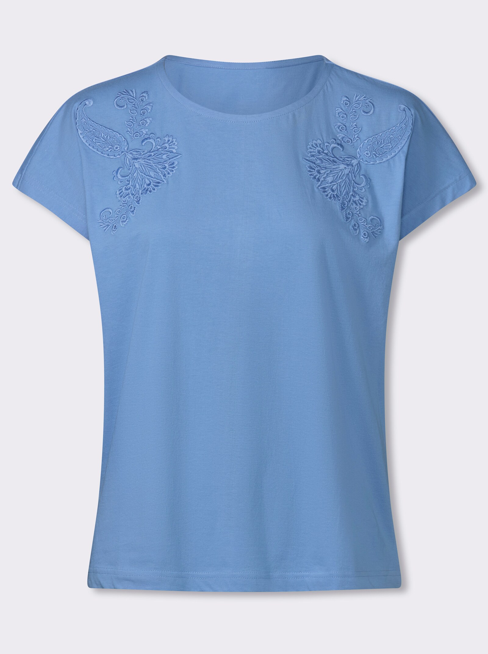 Kurzarmshirt mit Blumen-Stickerei - himmelblau