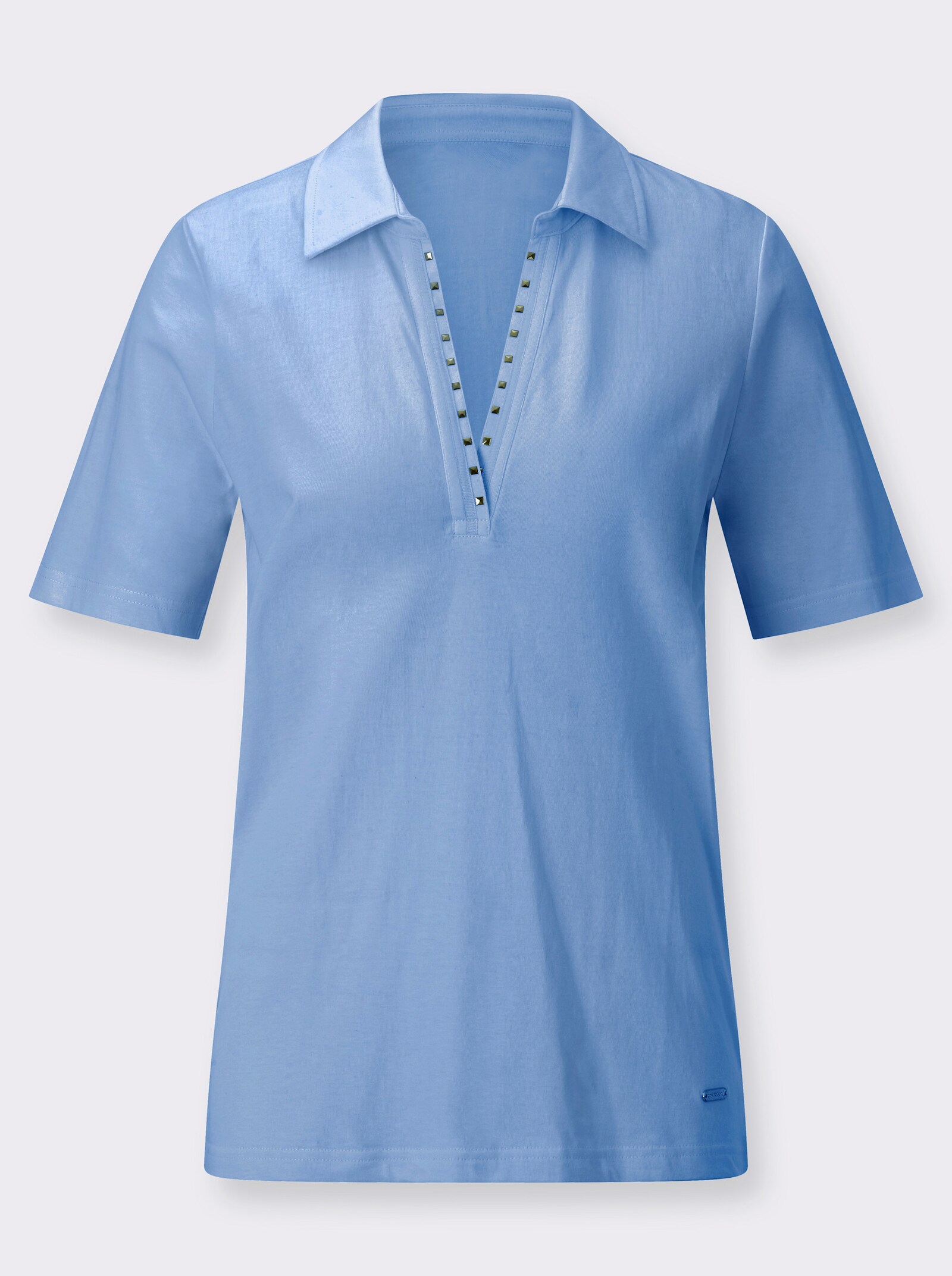 Poloshirt mit Rüschen und Nietenbesatz - himmelblau