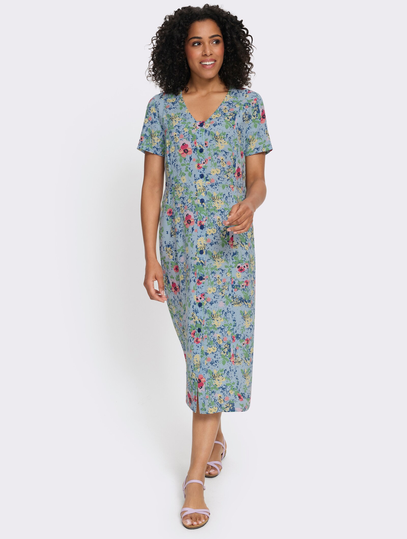 Blumenkleid aus reiner Viskose - eisblau-zitrone-bedruckt