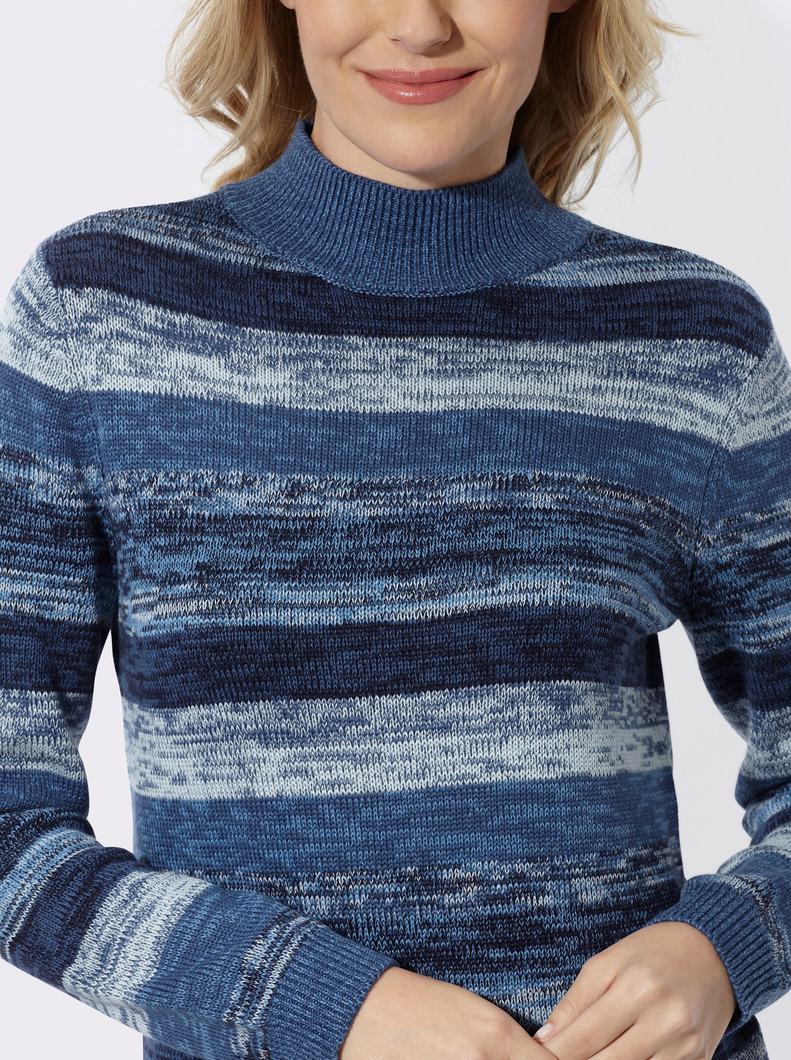 Stehkragenpullover mit Melange-Streifenmuster - jeansblau-hellblau-gemustert