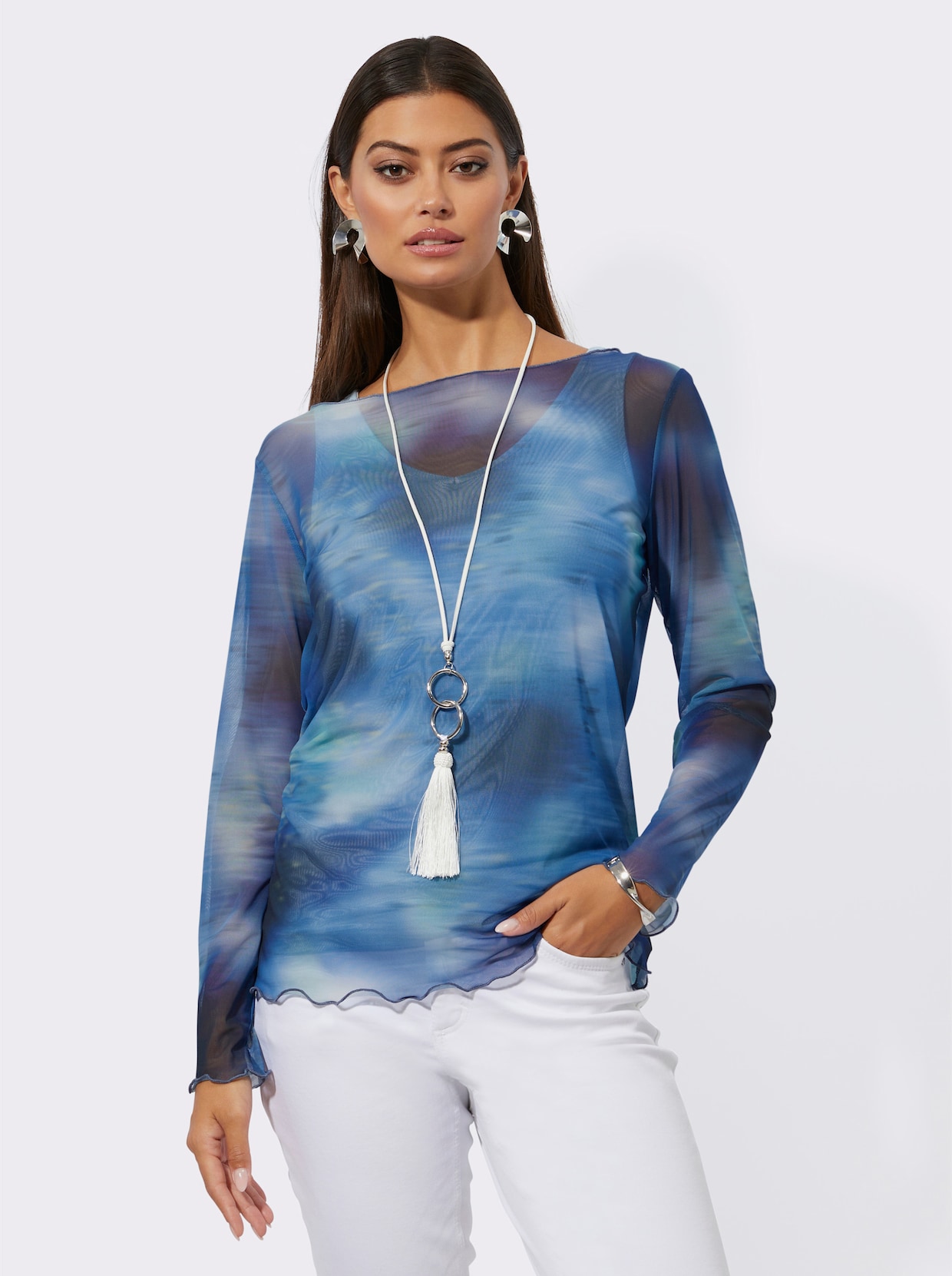 Langarmshirt - ecru-dunkelblau-bedruckt
