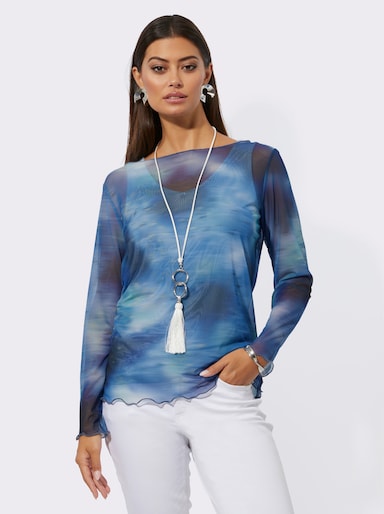 Langarmshirt in transparenter Mesh-Qualität - ecru-dunkelblau-bedruckt