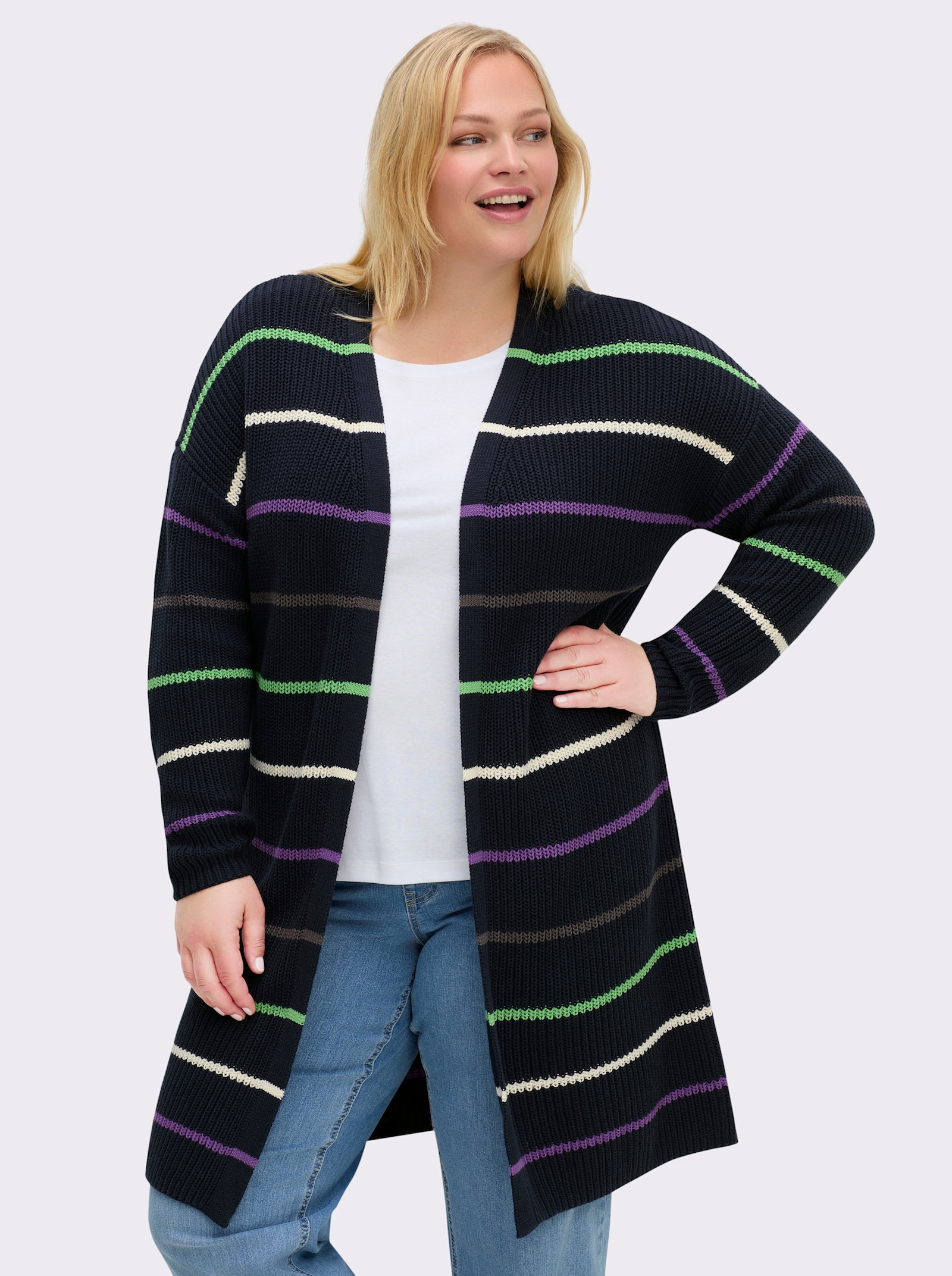 sheego Longstrickjacke mit Ringeln - tiefblau-geringelt