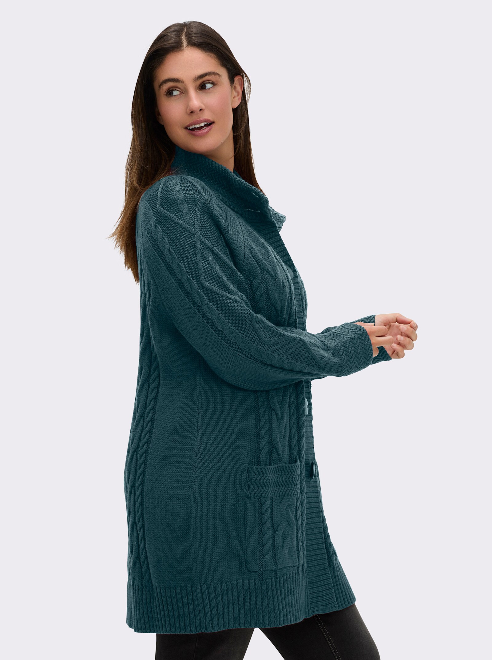 Longstrickjacke mit Einstrickmuster - petrol