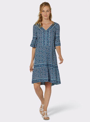 Tunikakleid mit Trompeten-Ärmeln, 3/4-lang - jeansblau-ecru-bedruckt
