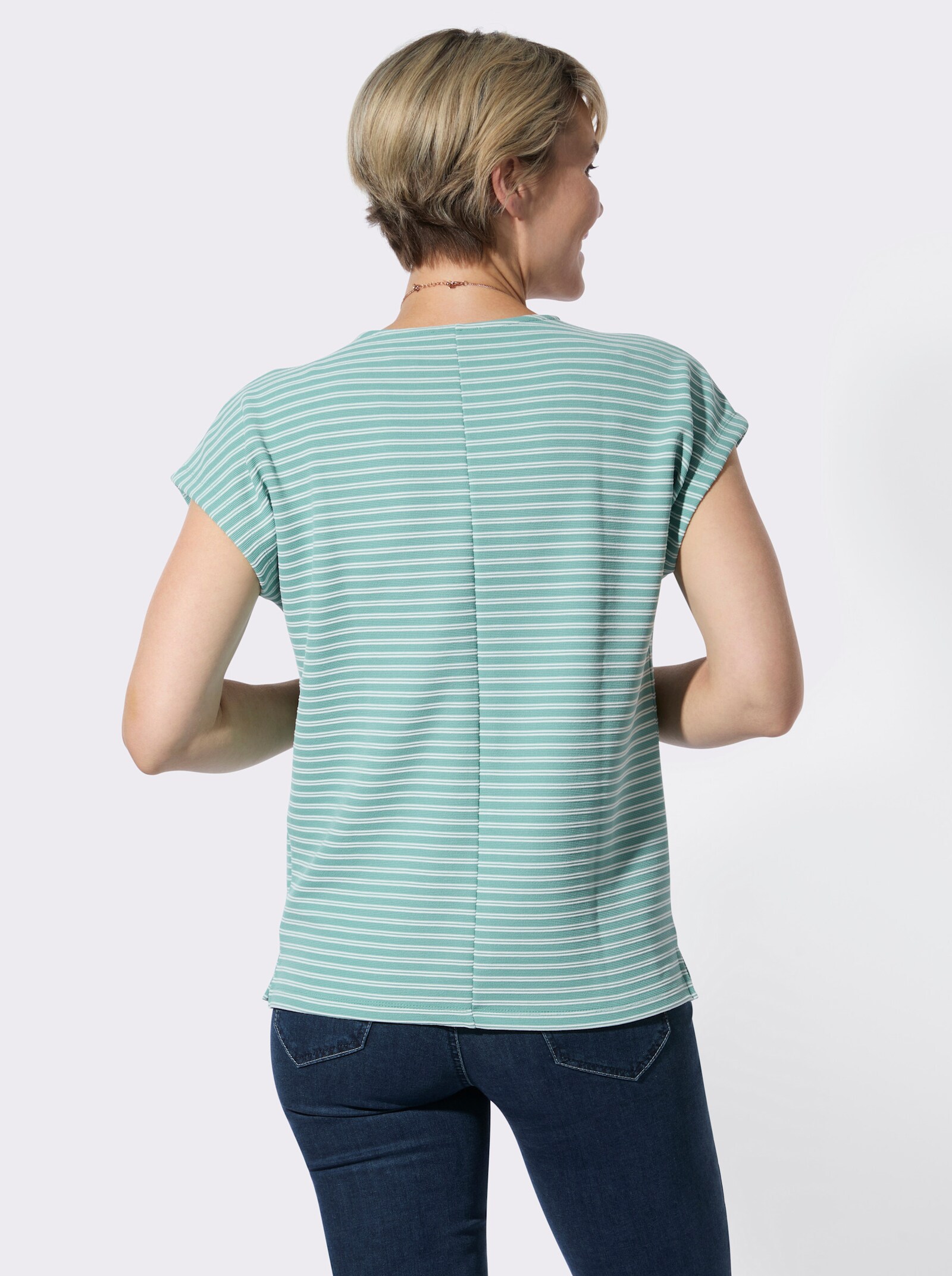 Rundhalsshirt mit zweifarbigem Jacquardmuster - salbei-ecru-geringelt