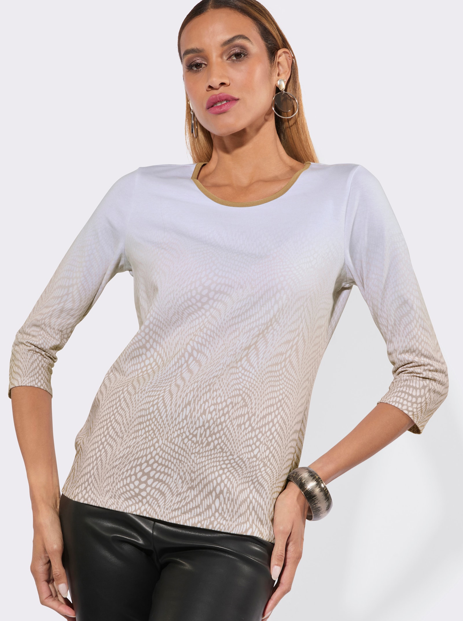 Rundhalsshirt im Farbverlauf - weiß-beige-bedruckt