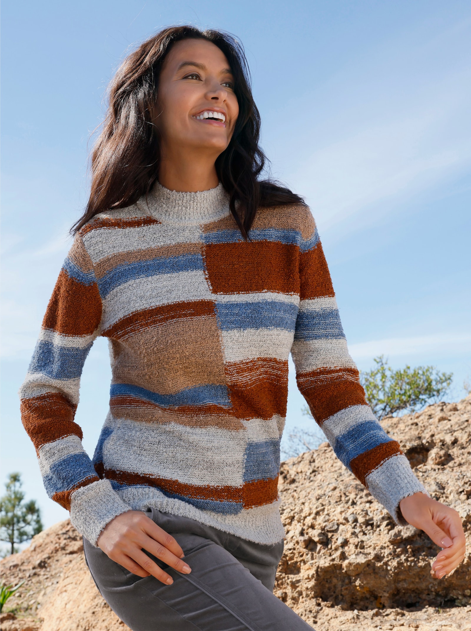 Stehkragenpullover mit Intarsienmuster - champagner-cognac-gemustert