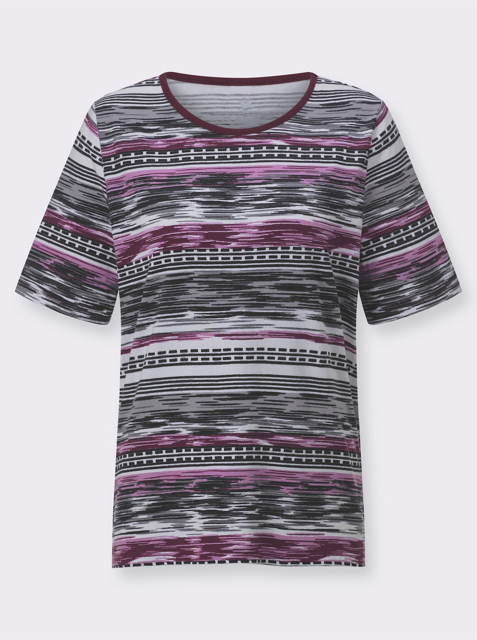 Print-Shirt im grafischen Streifendessin - burgund-steingrau-bedruckt