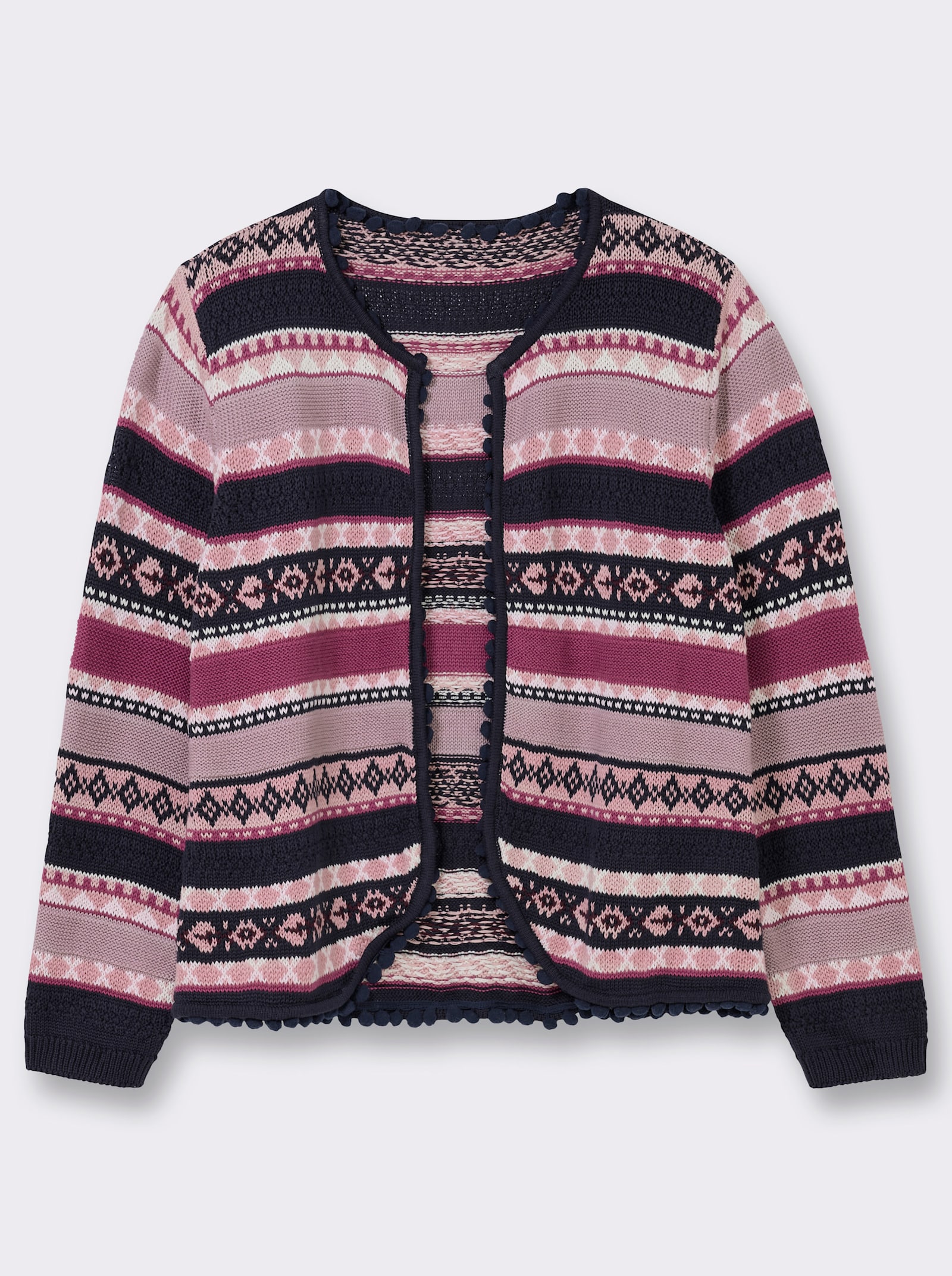 Strickjacke mit Bommel-Borte - marine-erika-gemustert