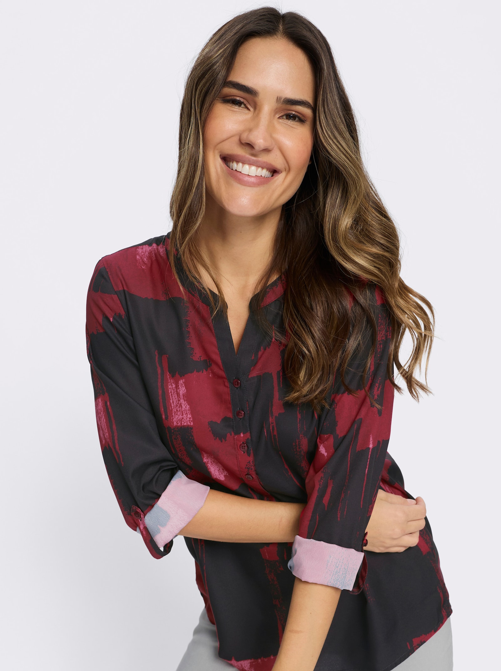Schlupfbluse im grafischen Dessin - schwarz-rot-bedruckt