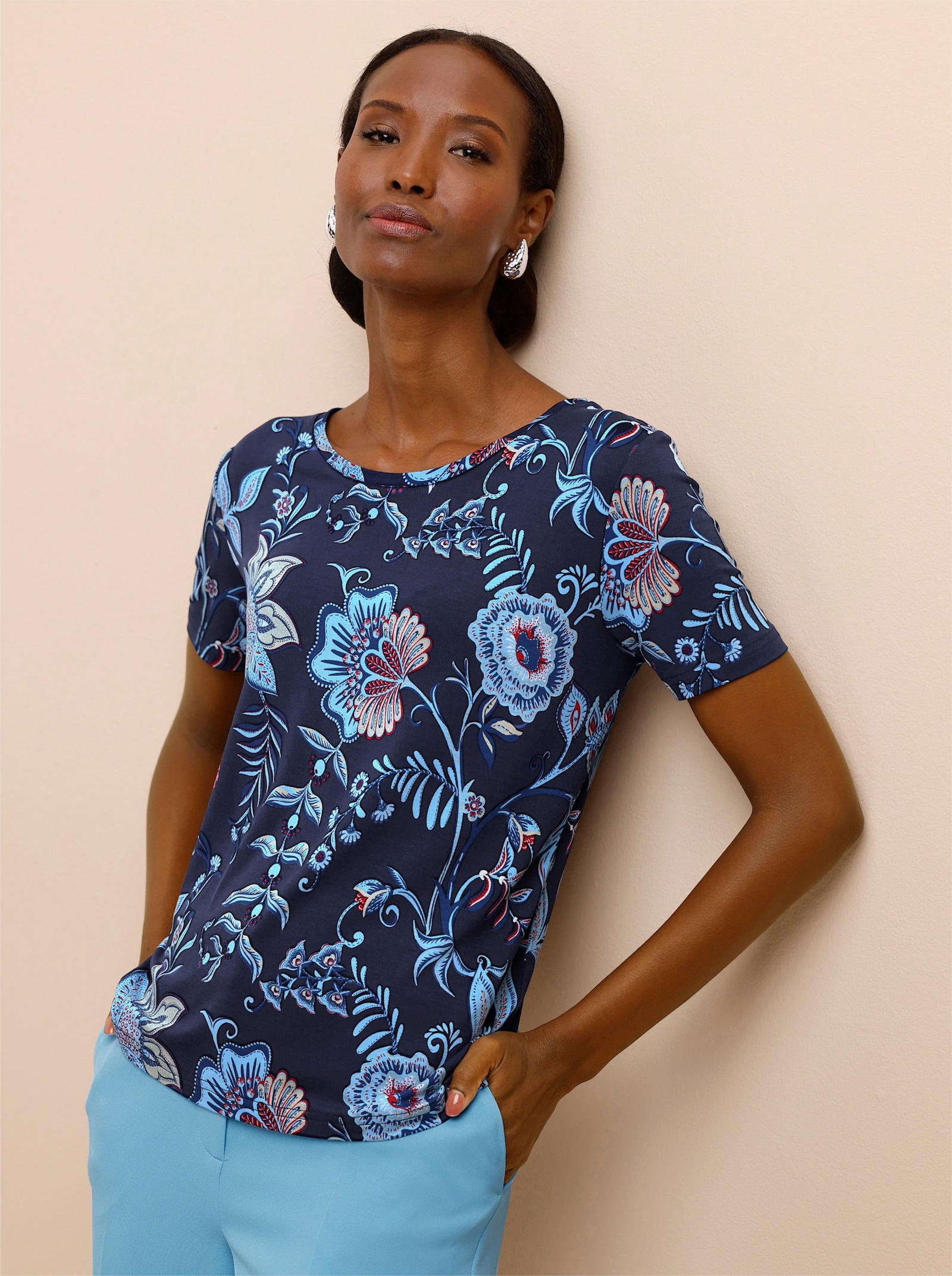 Print-Shirt im Blumenmuster - marine-aqua-bedruckt