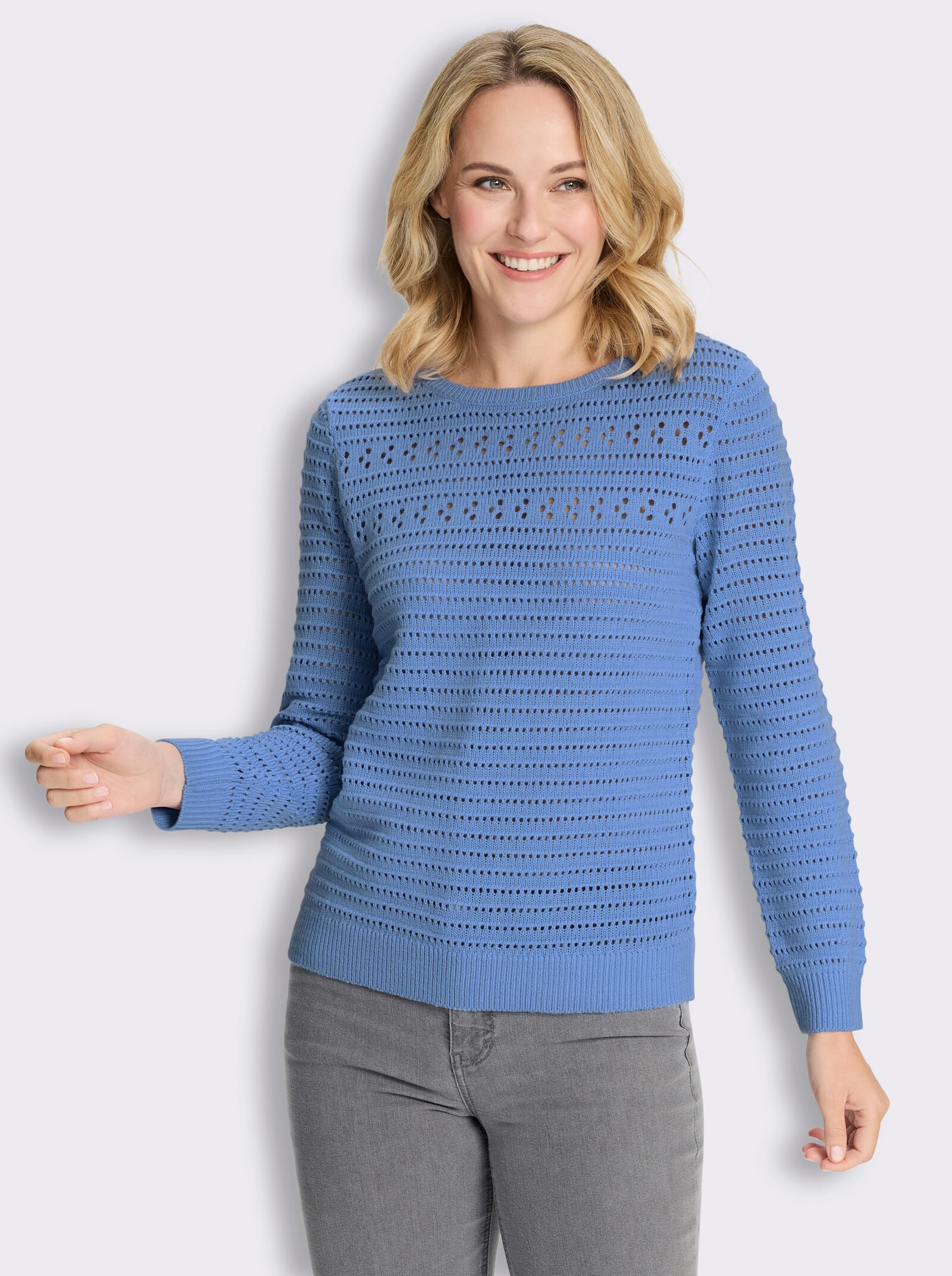 Ajourpullover mit Rippabschlüssen - himmelblau