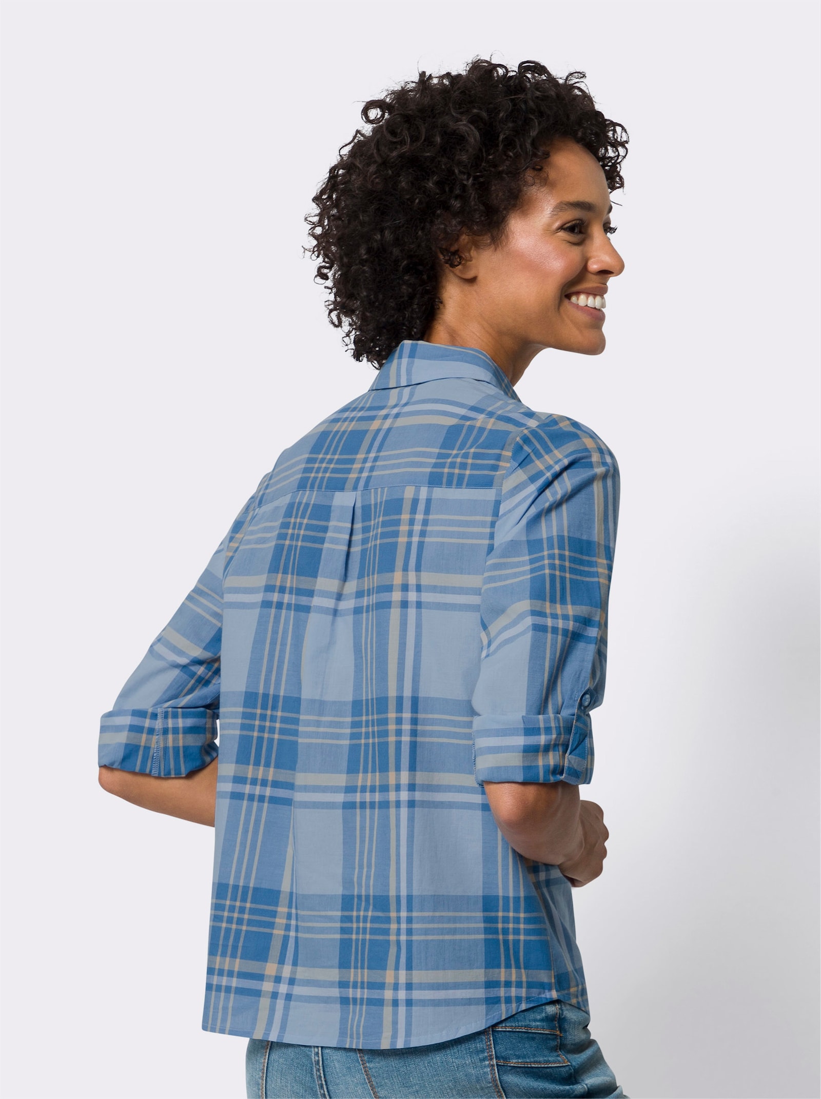 Geruite blouse met opstroopbare mouwen - ijsblauw/apricot geruit