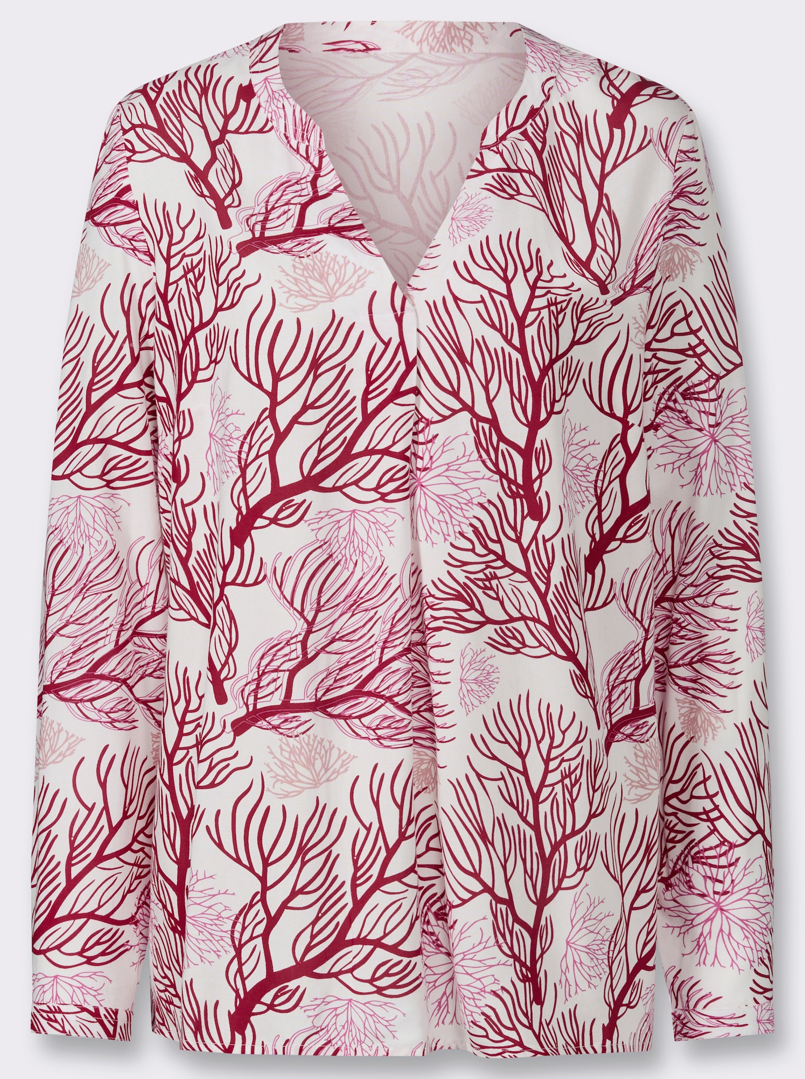 Druckbluse mit Korallenmotiven - ecru-rot-bedruckt