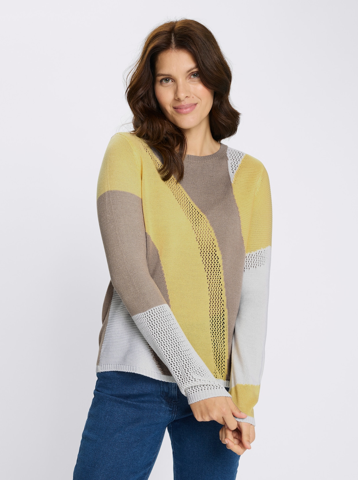 Ajourpullover mit Intarsien-Strickmuster - weiß-zitrone-gemustert