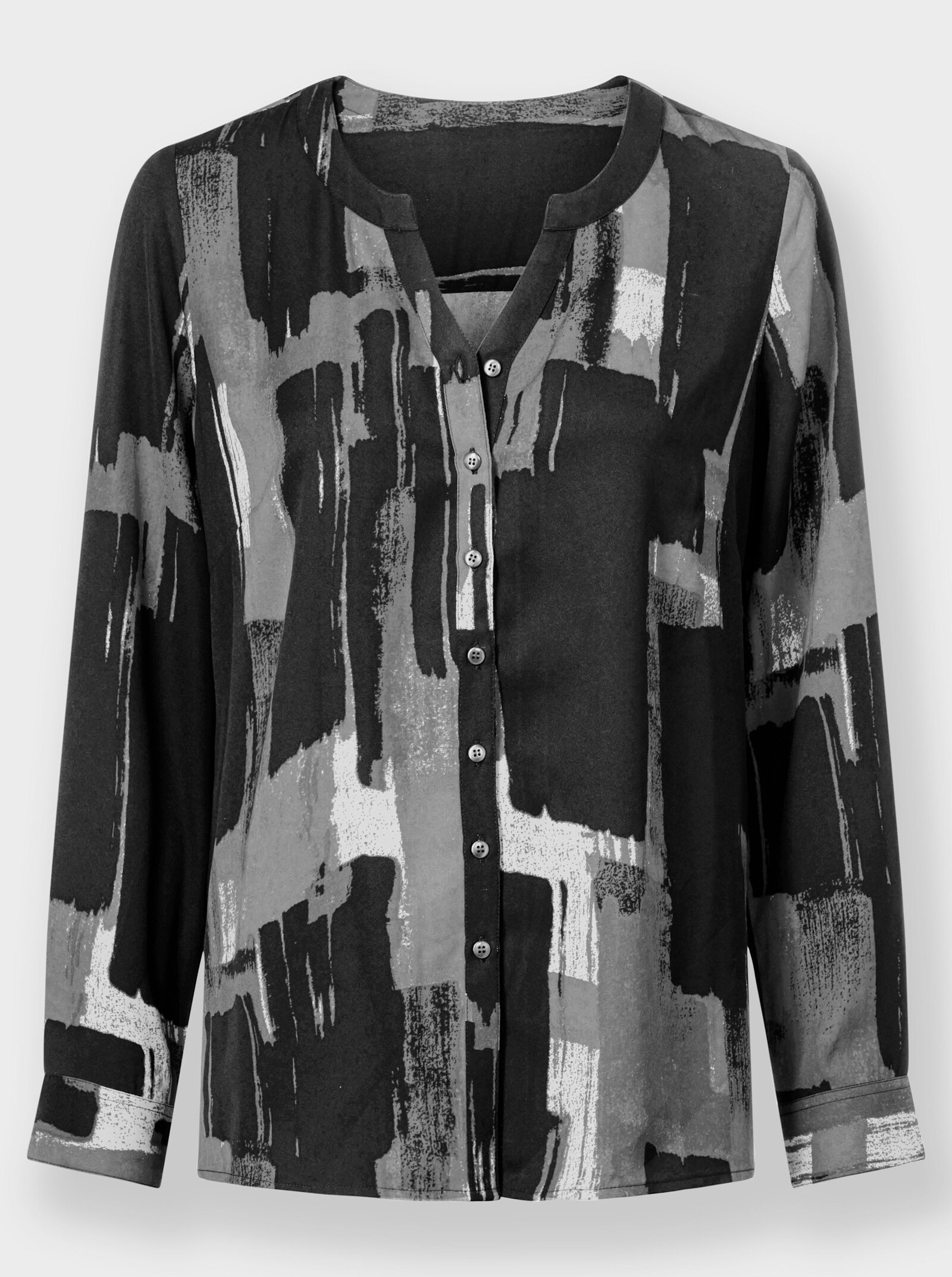 Druckbluse mit Krempelärmeln - schwarz-weiß-bedruckt