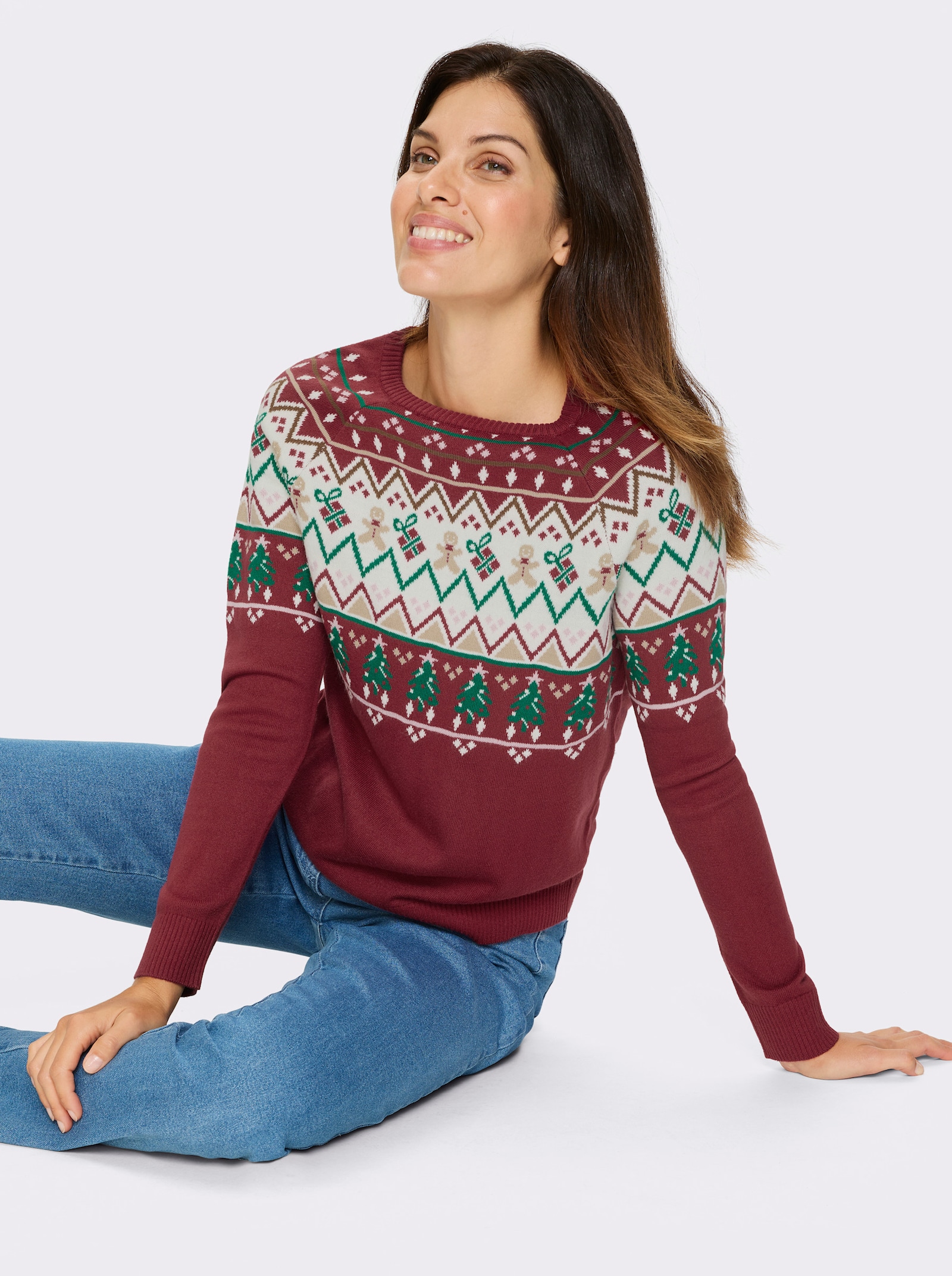 Pulóver, dlhé rukávy, vianočný nórsky vzor - Červená-šampanská