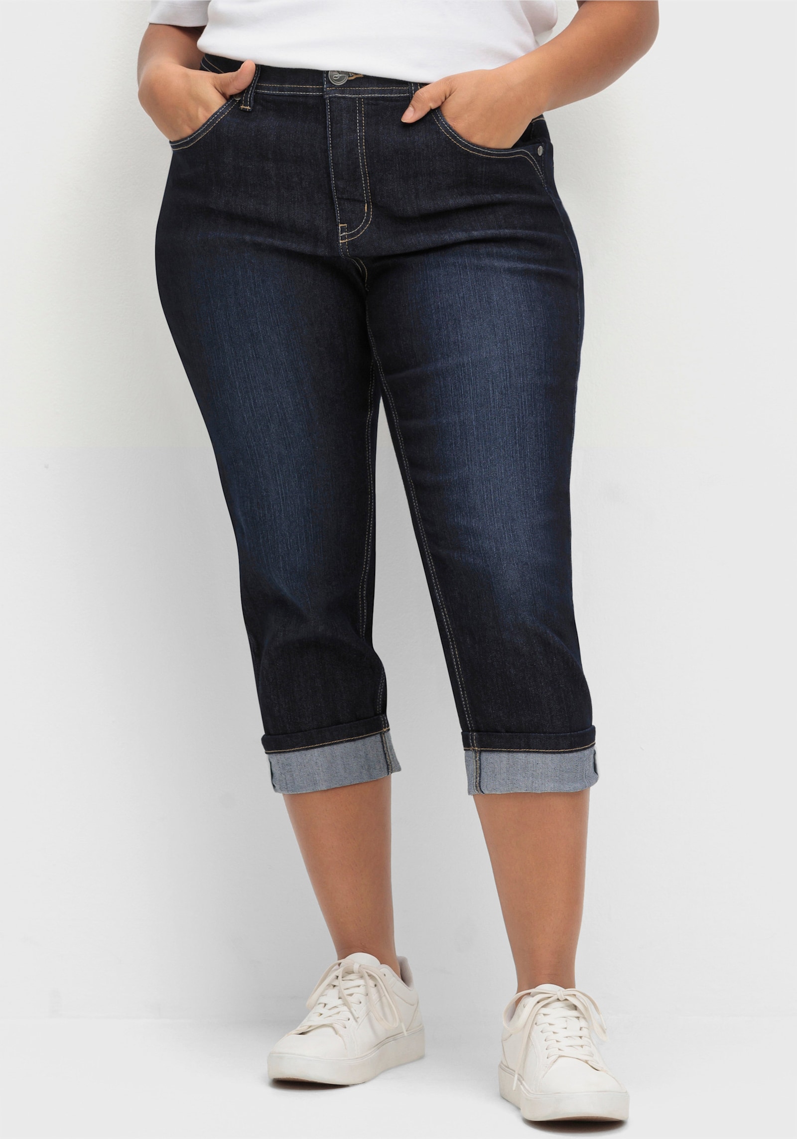 sheego 7/8-jeans in smal model, met contrastband - blue black denim