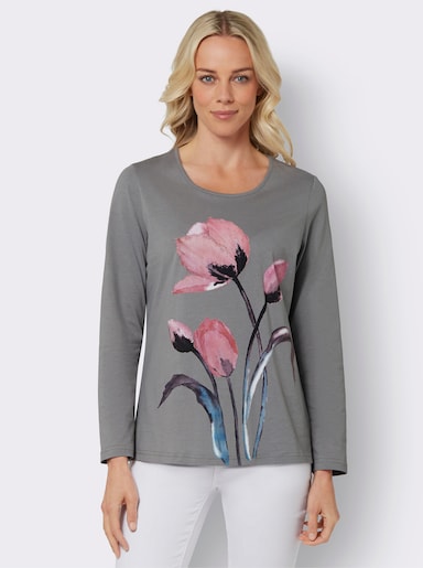 Langarmshirt mit Seitenschlitzen - steingrau-gemustert