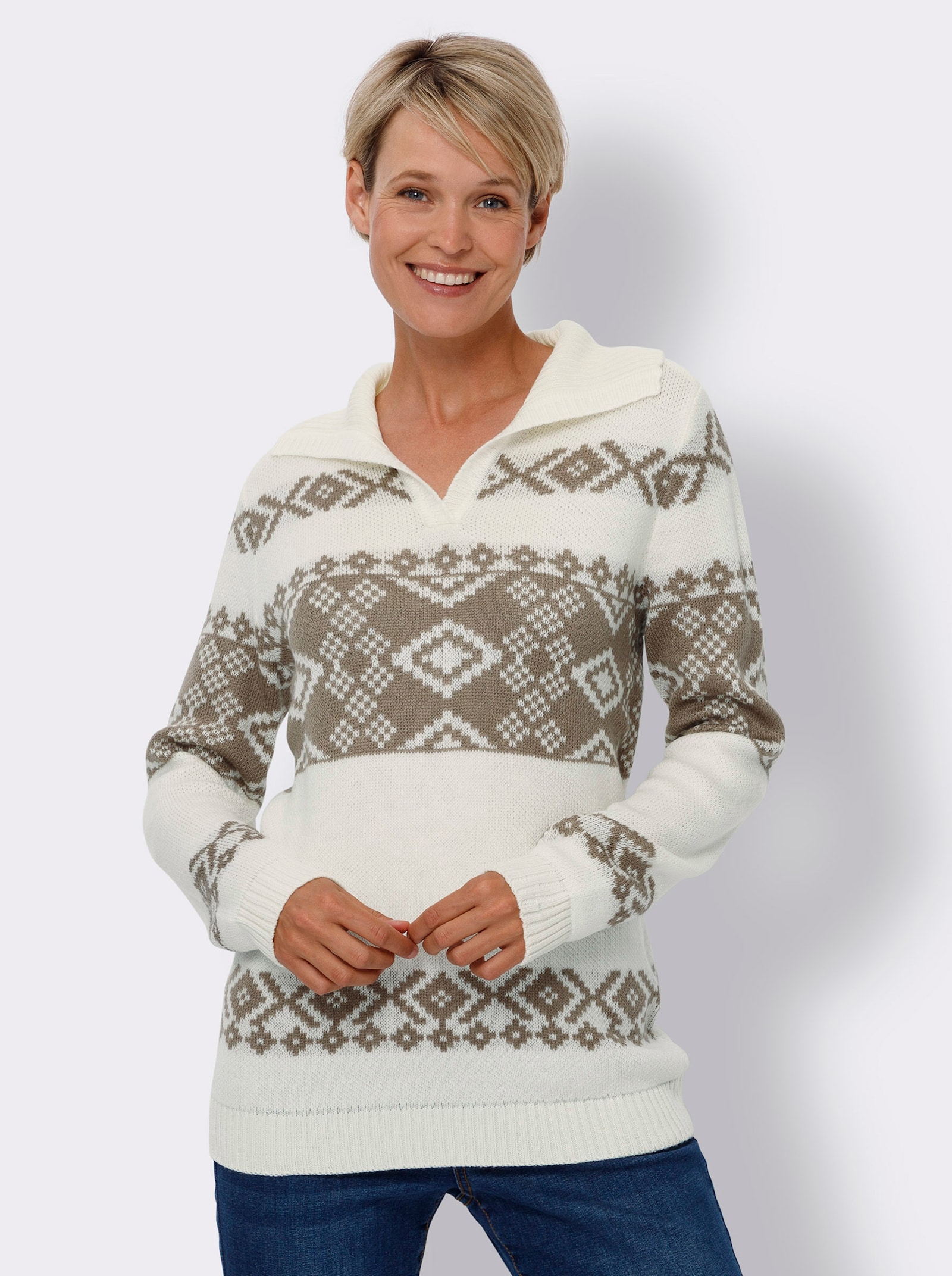 Norwegerpullover in Jacquard-Strick - ecru-taupe-gemustert
