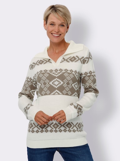 Norwegerpullover in Jacquard-Strick - ecru-taupe-gemustert