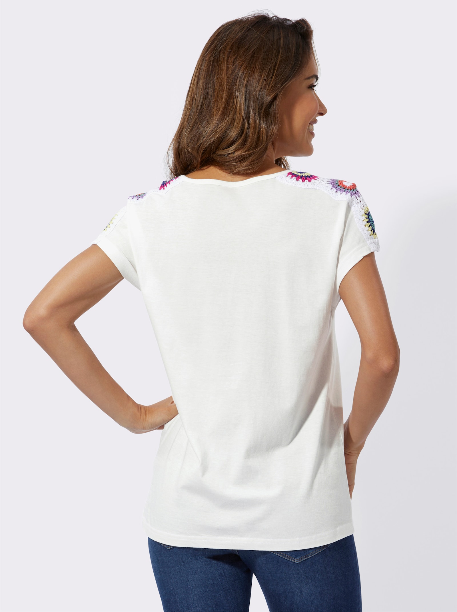 Kurzarmshirt mit Häkelspitze - ecru