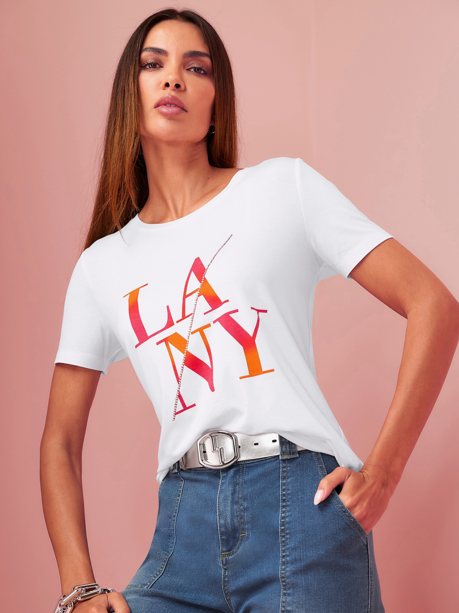 heine Rundhalsshirt Schriftzug mit Ziersteinchen - weiß