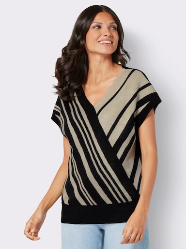 V-Ausschnitt-Pullover in Wickel-Optik, gestreift - schwarz-sand-gemustert