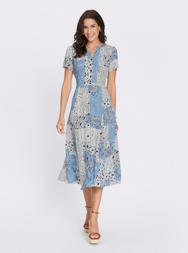 Sommerkleid mit Raffungen an den Schultern - ecru-bleu-bedruckt