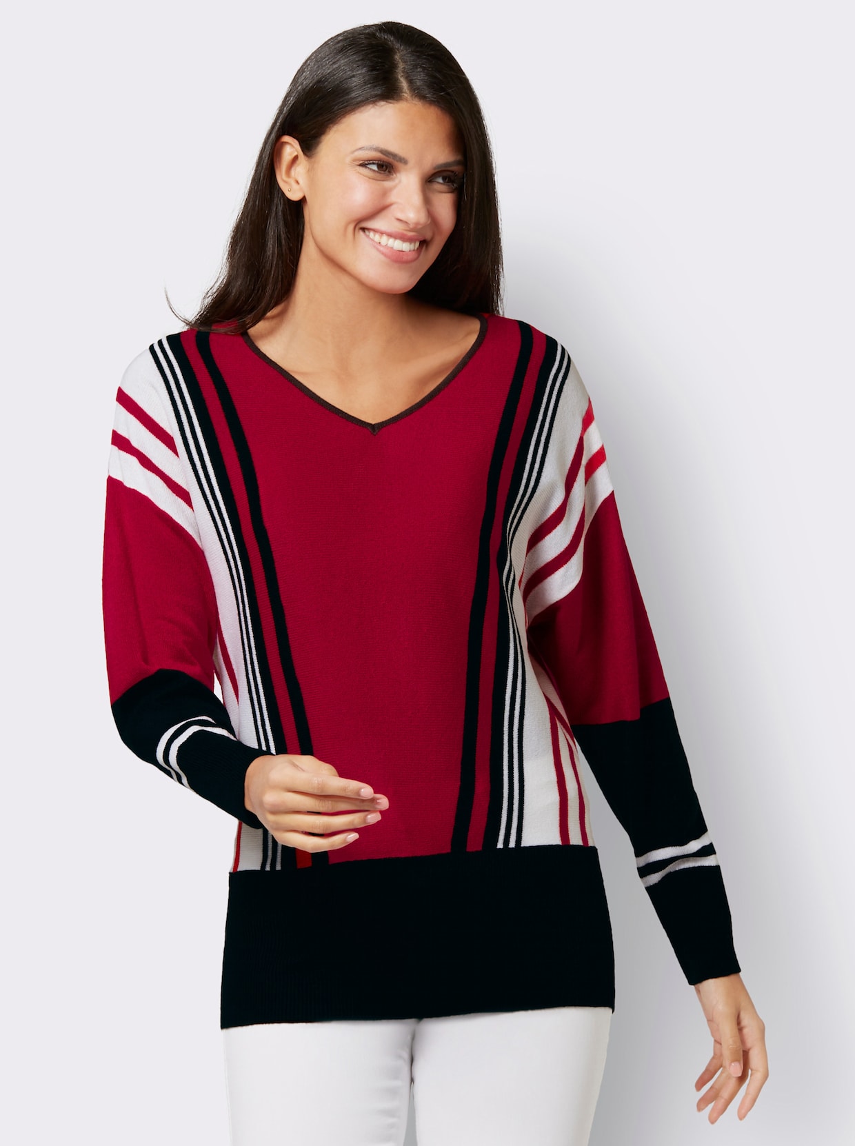 Pullover met V-hals - rood/zwart gestreept