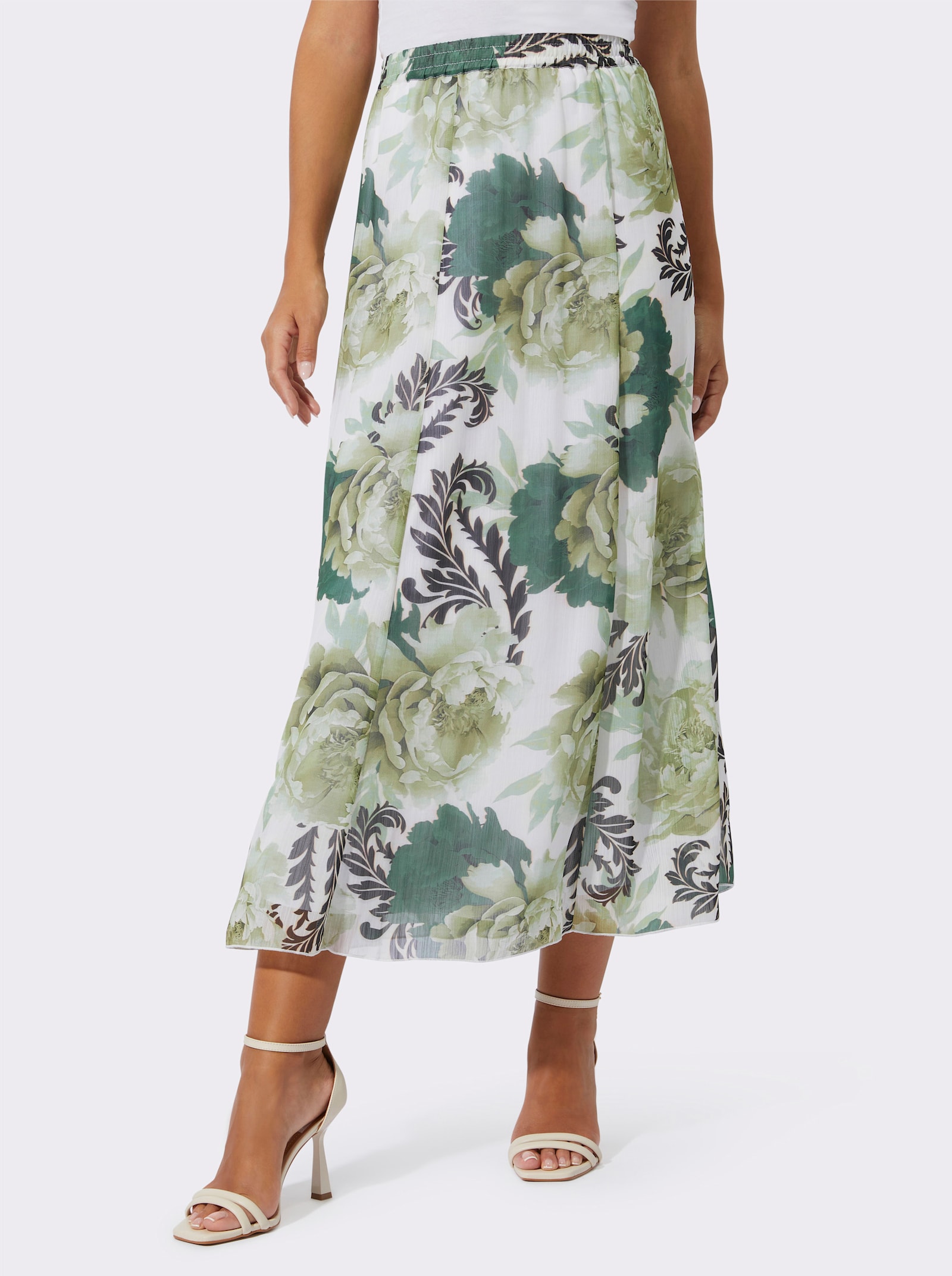 Bahnenrock mit Rundum-Dehnbund - champagner-lindgrün-bedruckt