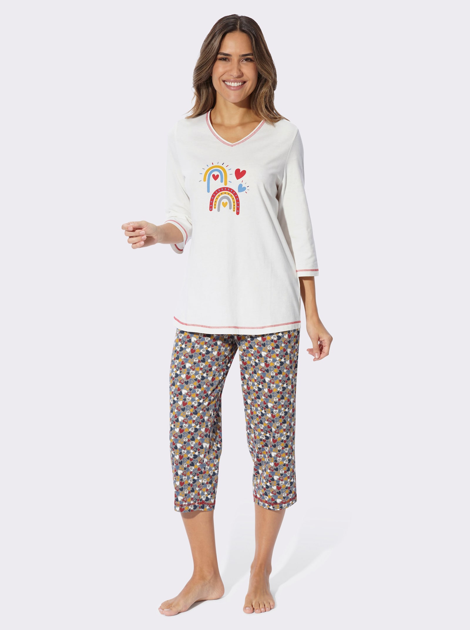 Schlafanzug mit Kontrastnähten - ecru-steingrau-bedruckt