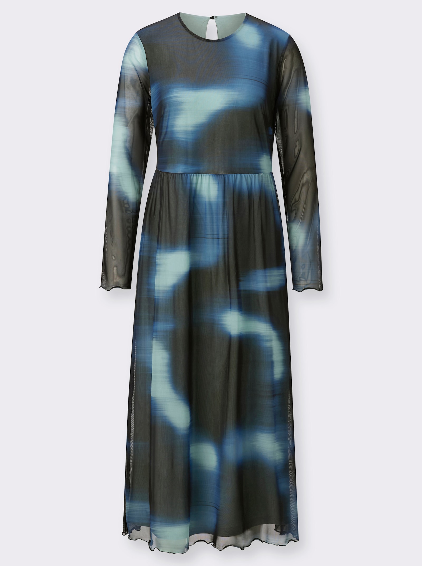 A-Linien-Kleid mit transparenten Ärmeln - marine-kalkmint-bedruckt