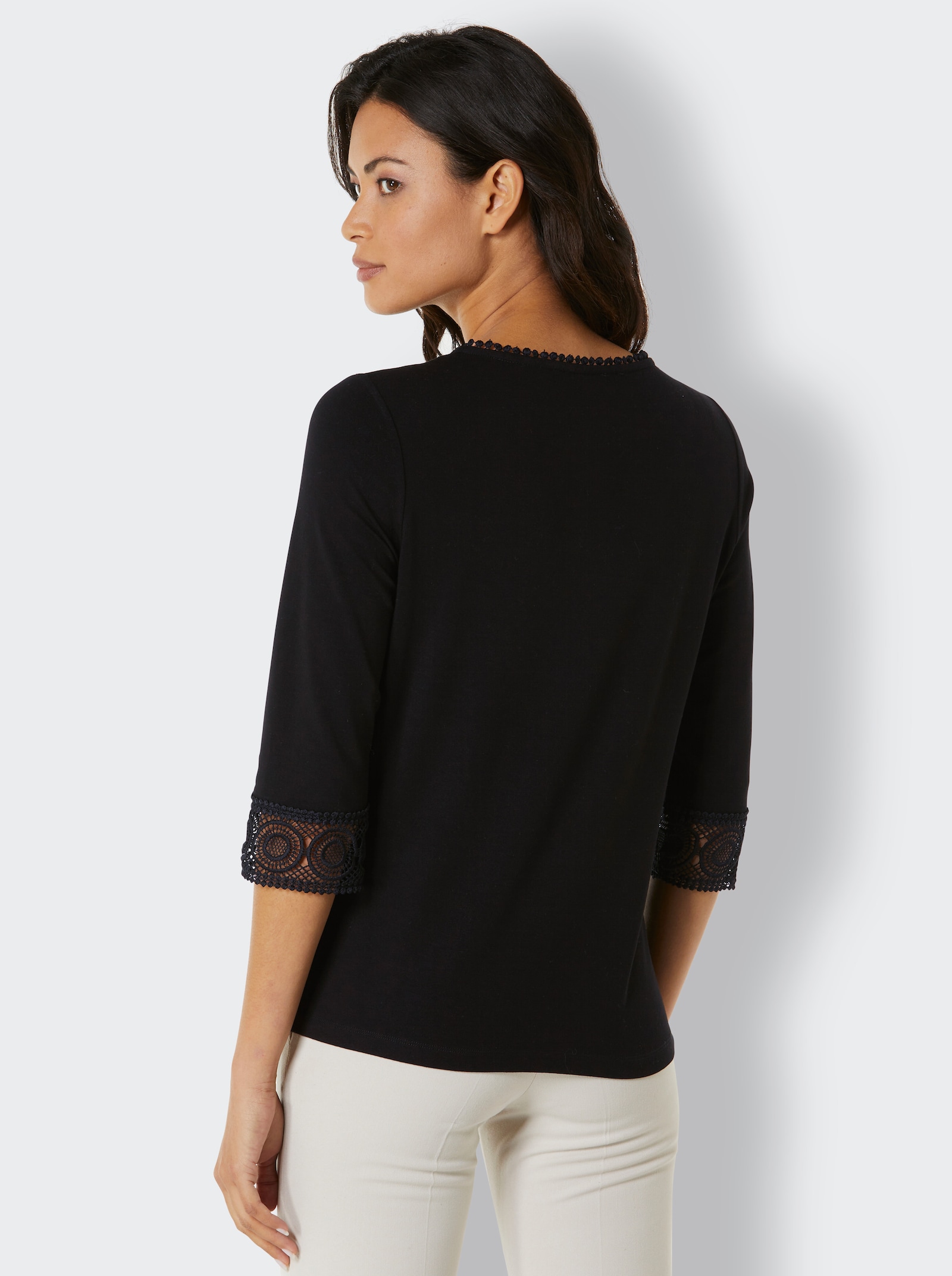 CREATION L PREMIUM 3/4-Arm-Shirt mit Spitzenbordüre an Ausschnitt und Ärmeln - schwarz