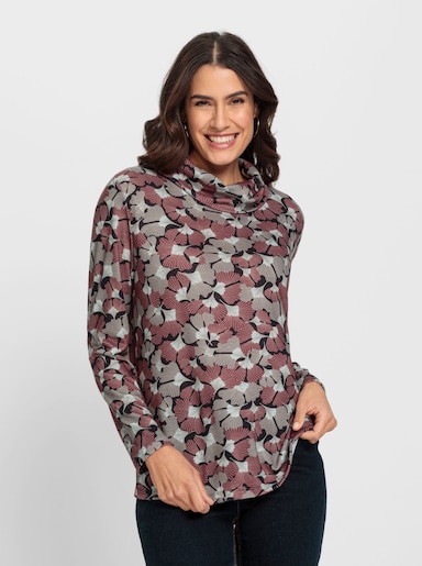 Rollkragenshirt mit Ginkgo-Motiven - schwarz-rotbraun