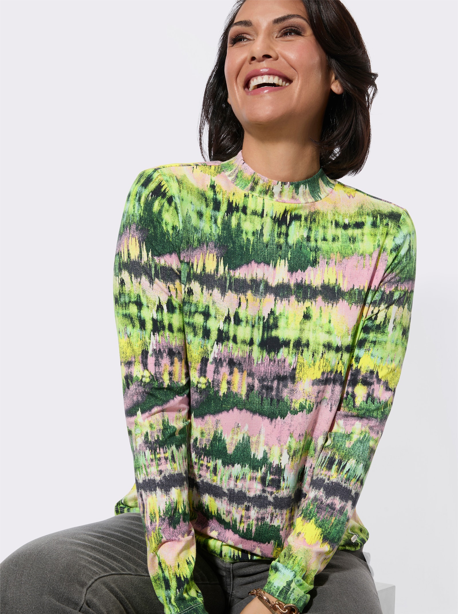 Stehkragenshirt mit Grafik-Print - lindgrün-mauve-gemustert