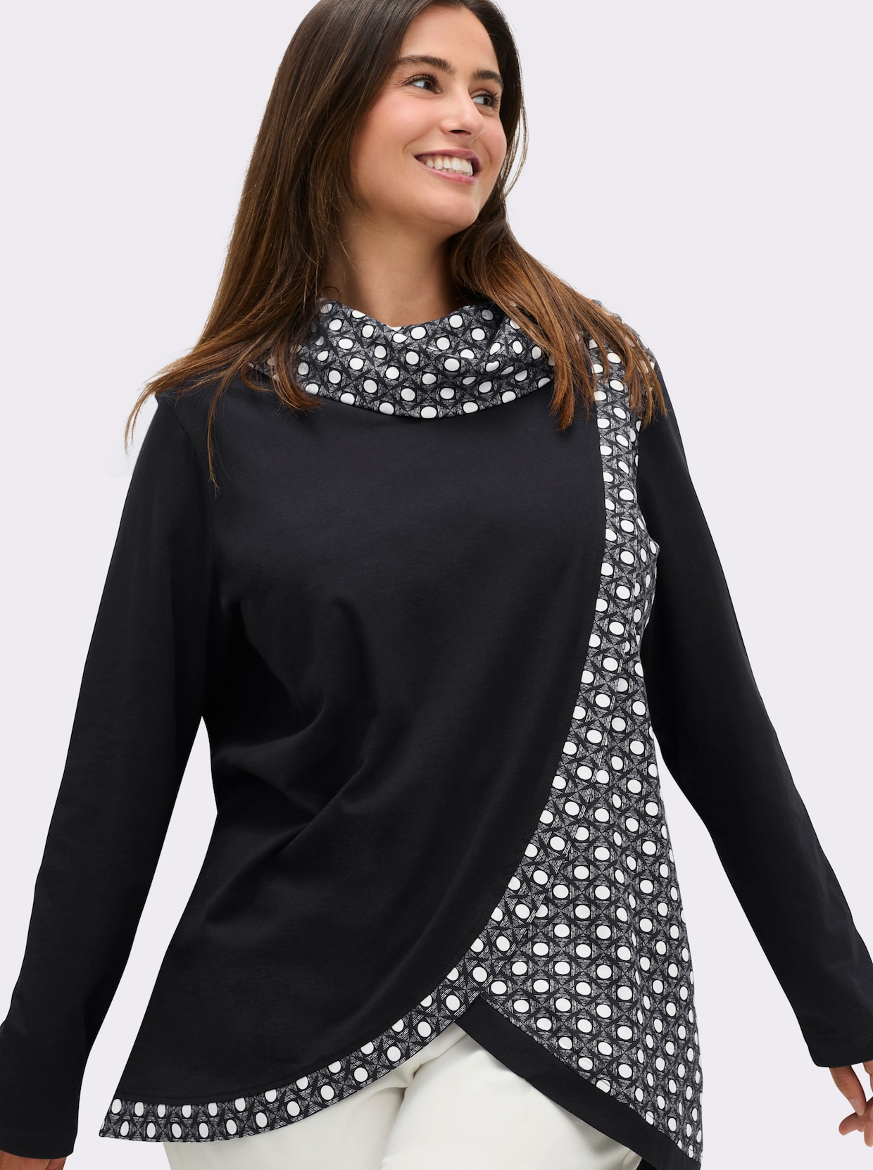 Rollkragenshirt mit Lagen-Optik - schwarz-ecru-bedruckt