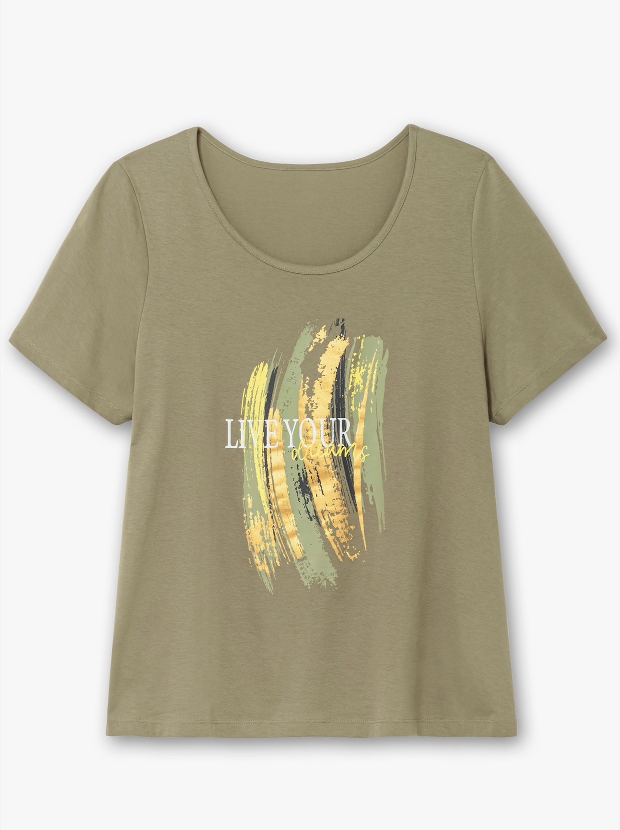 Kurzarmshirt mit Glitzer-Print - khaki-limone
