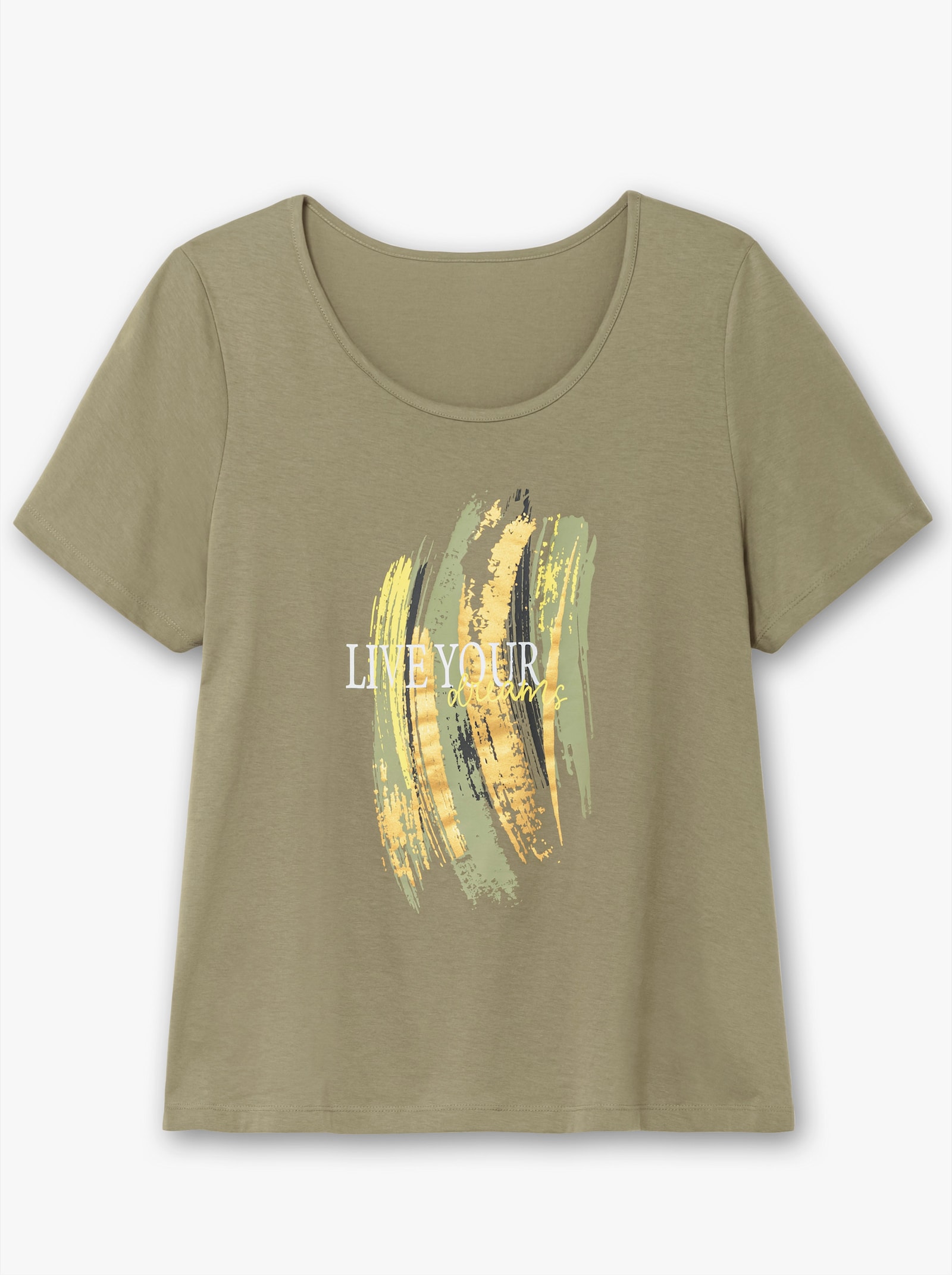 Kurzarmshirt mit Glitzer-Print - khaki-limone