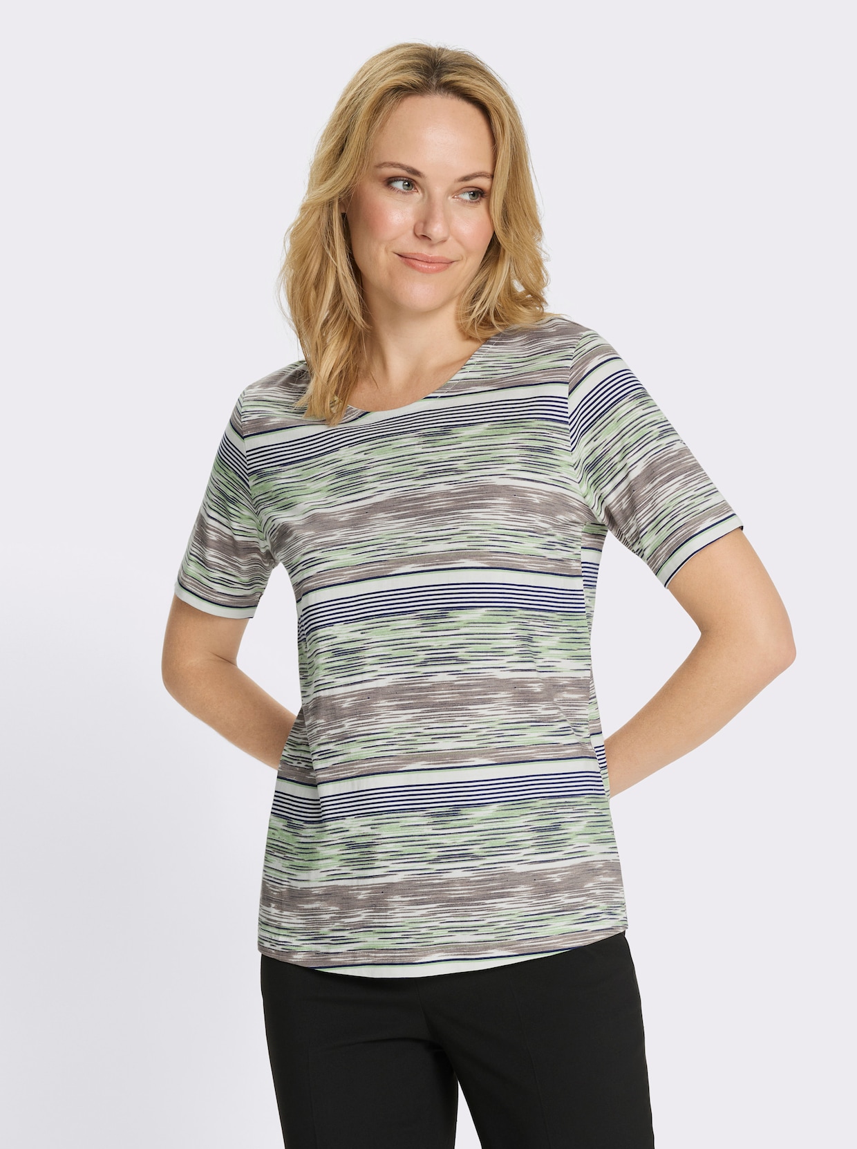 Kurzarmshirt mit Ringel-Druck rundum - reseda-ecru-bedruckt