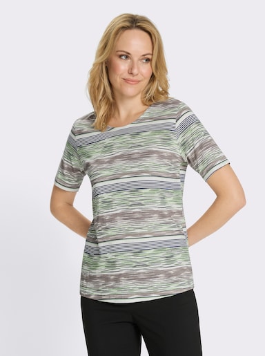 Kurzarmshirt mit Ringel-Druck rundum - reseda-ecru-bedruckt