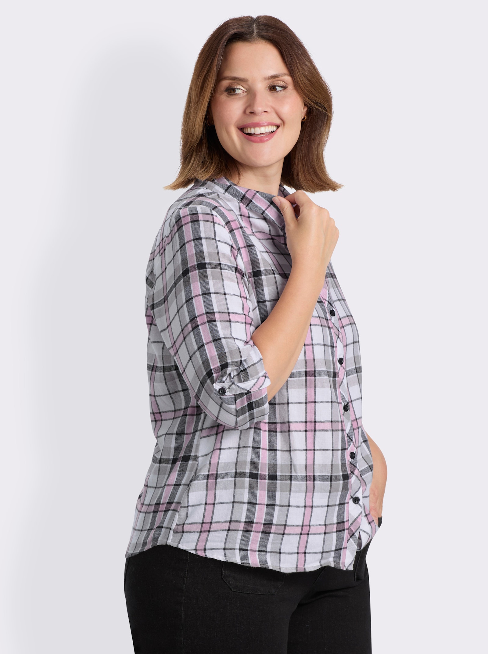 Flanellbluse mit Web-Karo - ecru-altrosa-kariert