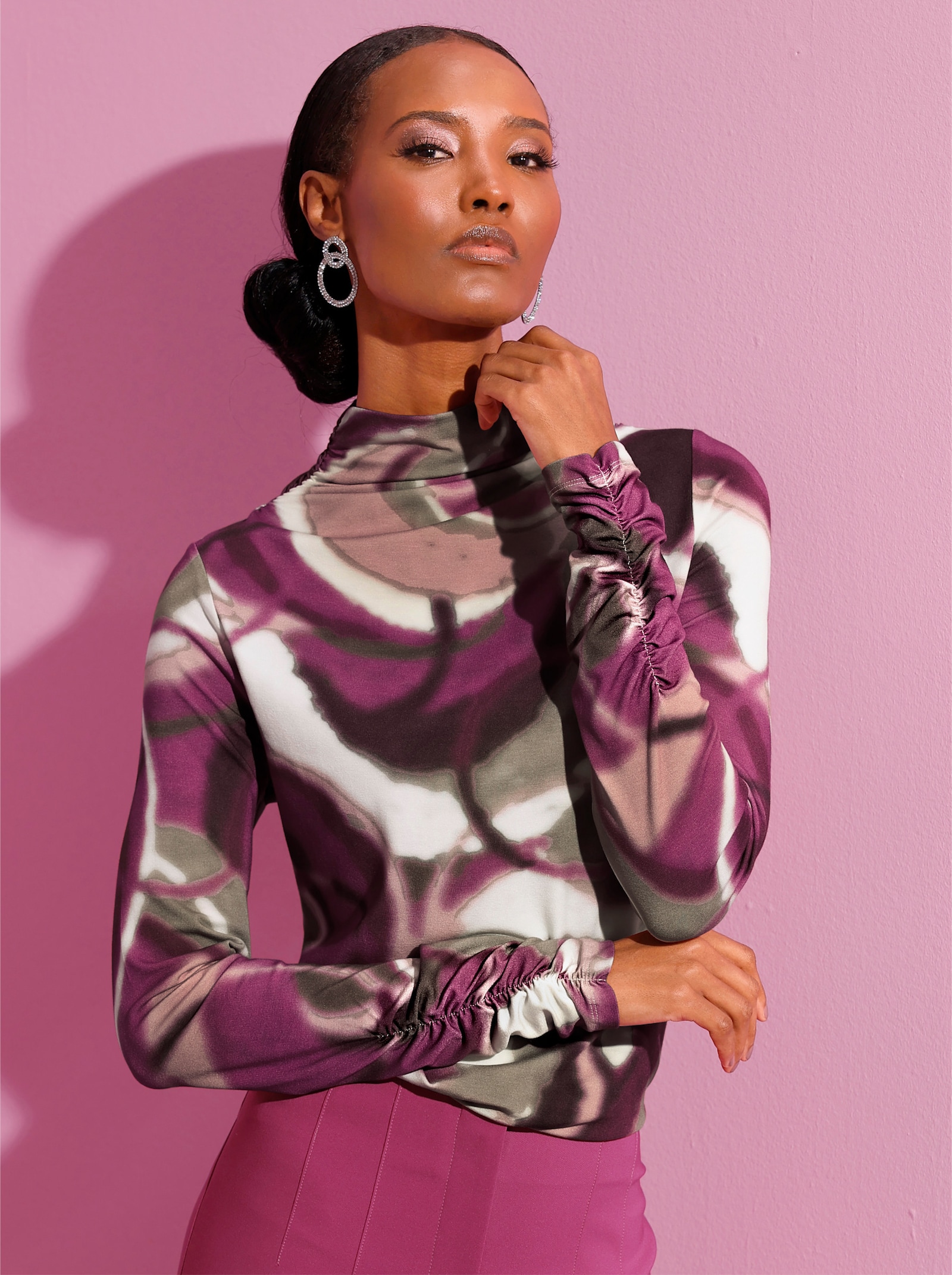 Langarmshirt mit Raffungen - ecru-erika-bedruckt