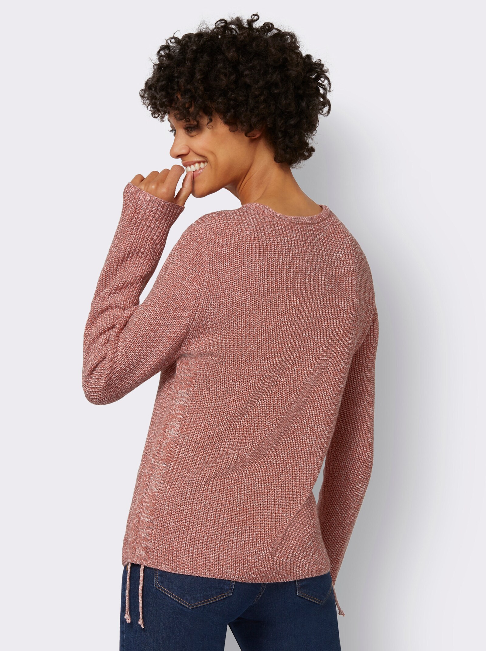 Rundhalspullover mit Kordeldurchzug am Saum - rosenholz-ecru-meliert