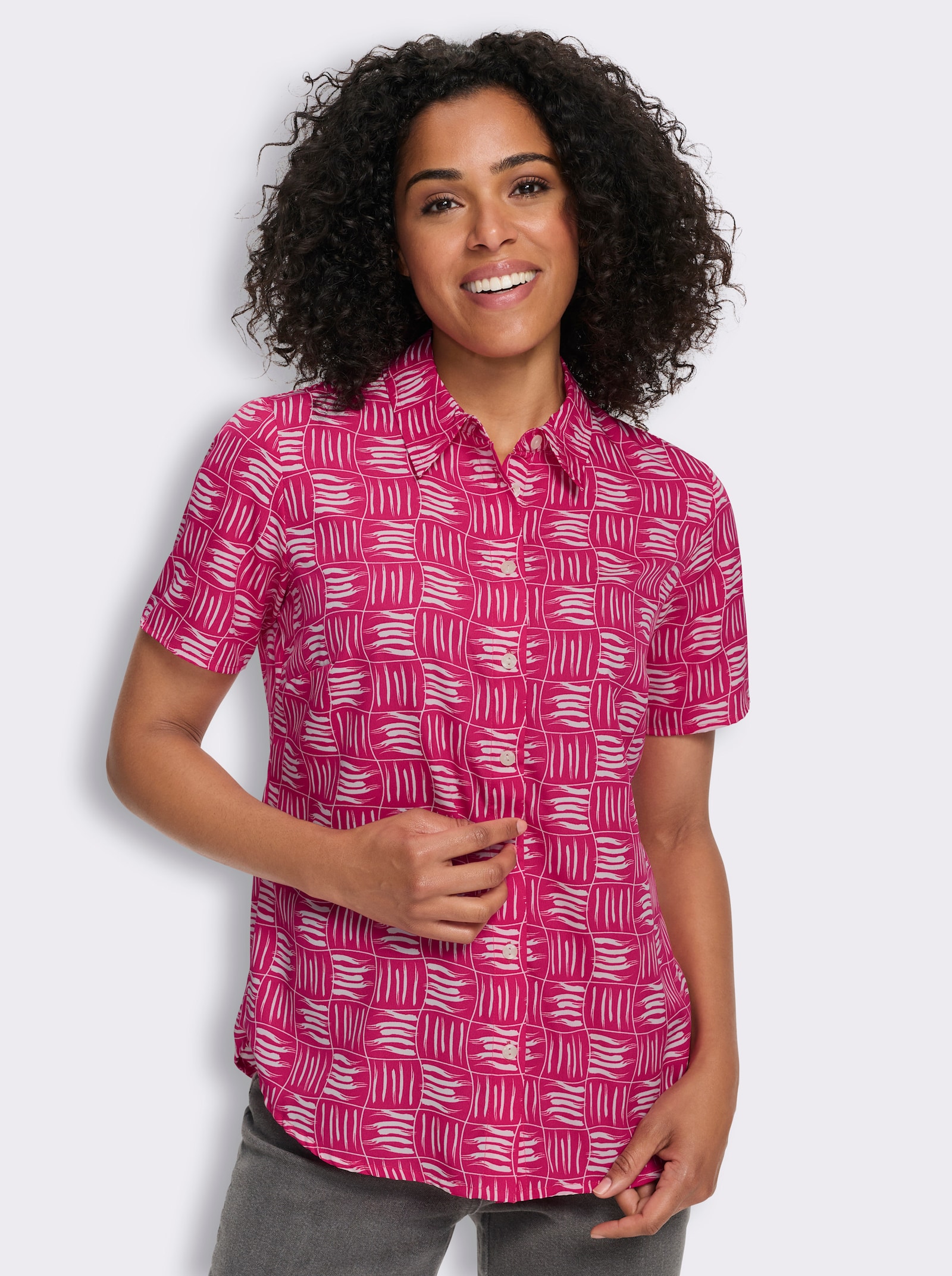 Kurzarm-Bluse mit Hemdkragen - pink-ecru-bedruckt
