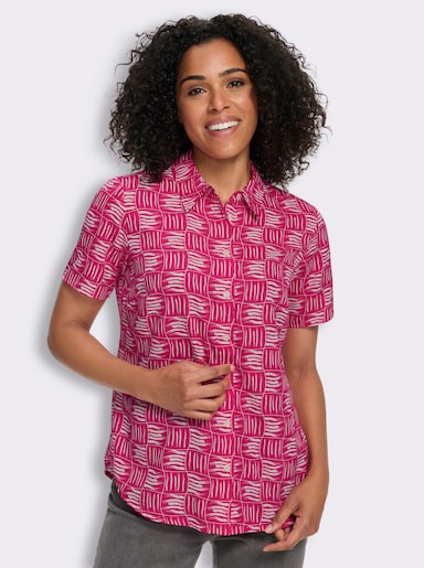 Kurzarm-Bluse mit Hemdkragen - pink-ecru-bedruckt