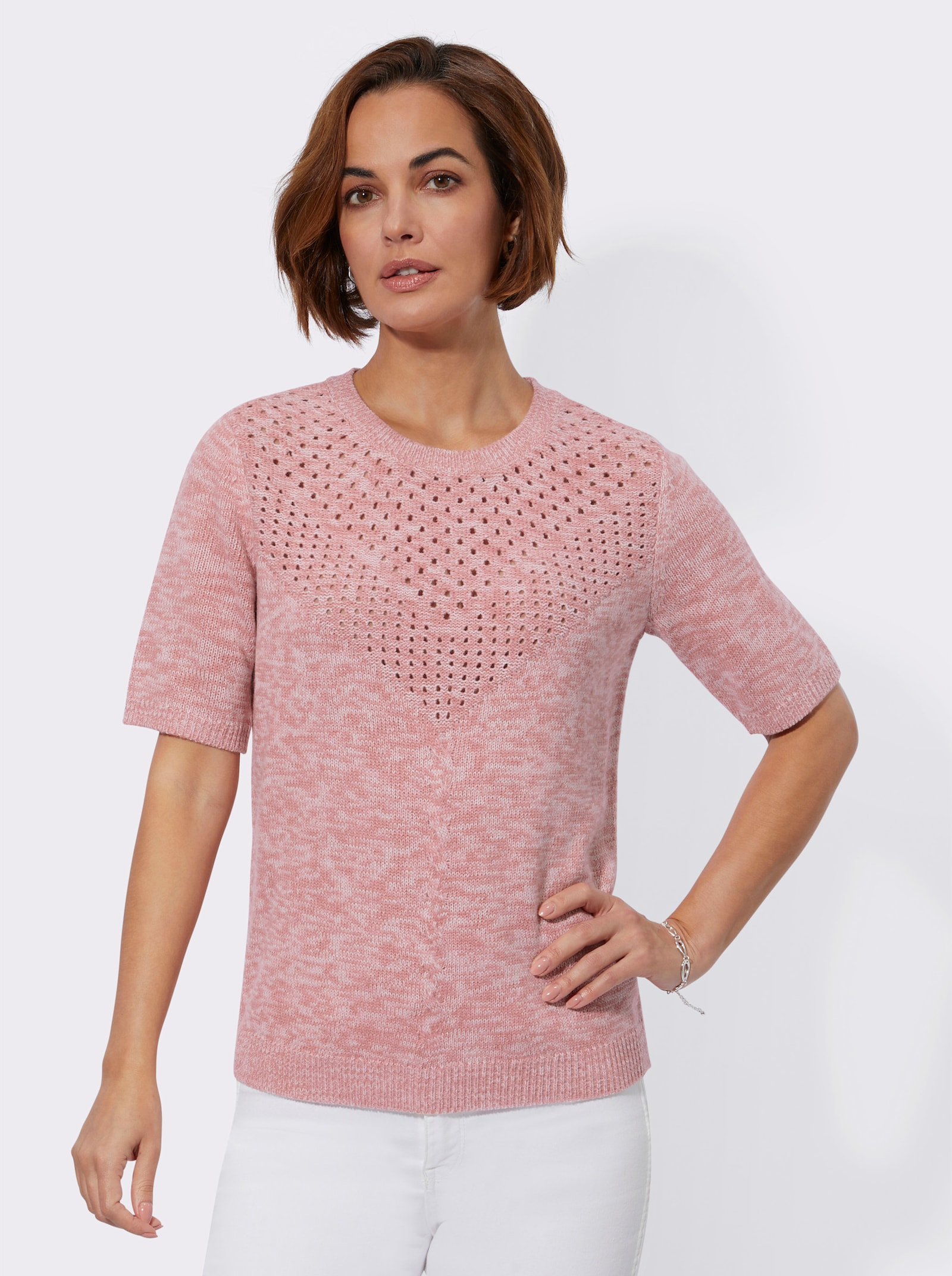Ajourpullover aus Melange-Garn - rosenquarz-ecru-meliert