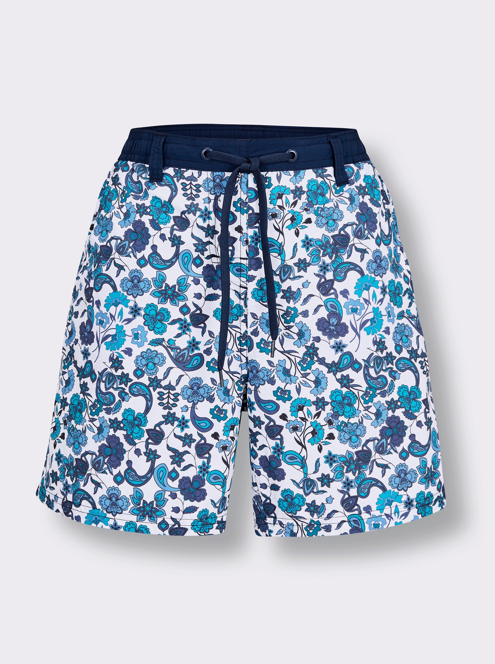 Badeshorts mit 3 Taschen - jeansblau-topas-bedruckt